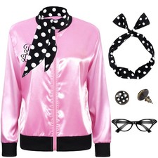 SOMSOC 5 Pieces 1950s Women Pink Satin Jacket with Polka Dot X-Large, picture