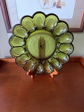 Vintage Indiana Glass Olive Green Hobnail Deviled Egg Platter MCM picture