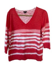 TALBOTS Deep Coral White V-Neck 3/4 Sleeve Sweater SZ M Runs Large picture