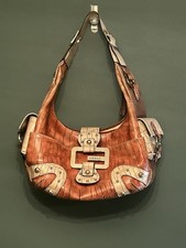 Vintage GUESS Y2K Shoulder Bag Brown Cream Croc Embossed Buckle Hobo Purse picture