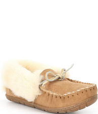 LL Bean Wicked Good Women 7 M Tan Suede Sheepskin Lined Moccasin Slippers NEW picture