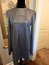 H&M Women's Silver Metallic Knit Shift Short Dress Keyhole Button Long 10 picture