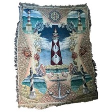 Nautical Beach themed tapestry blanket 50 x 68 lighthouse, seashell picture
