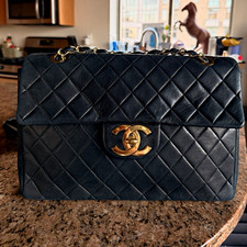 CHANEL Black XL CC Jumbo Flap Shoulder Bag 24k Gold Vintage picture