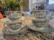 4 Antique Wedgwood & Co Phoebe Tea Cups & Saucers c1900 Blue Green Gold Trim  picture