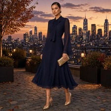 ASTR the Label Tie Neck Chiffon Midi Dress - Navy Blue picture