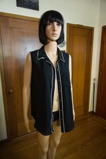 Liz Claiborne Sleeveless Blouse M Black White Piping Gold Button Collared Shirt picture