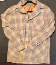 VTG 60s Pendleton Wool Plaid Blazer Jacket Shacket Mens L Grey Ochre Blue USA picture