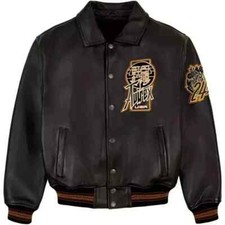 Avirex Men's Black Bomber American Flight Jacket Genuine Cowhide Leather Jacket picture