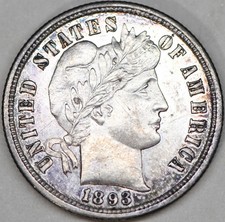 1893 s barber dime with beautiful toning and a repunched mint mark in Au/Bu picture