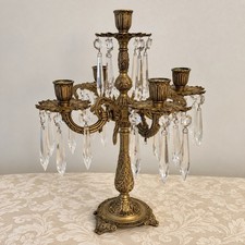 Antique Ornate Cast Brass 5 Light 4-Arm Girandole Candelabra Faceted Prism 14.5