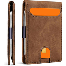 Men's Slim RFID Wallet Bifold Leather Money Clip 11 Card Slots Brown picture