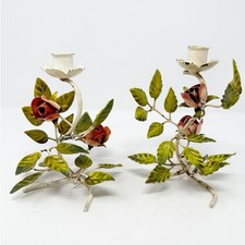 Pair of Vintage Italian Toleware Candle Holders Hand Painted Roses Leaves Metal picture