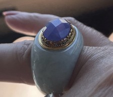 10k Yellow Gold Bezel-Set Oval Blue Stone Green Jade Cocktail Ring Signed picture
