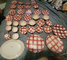 : Vintage Hand-Painted Italian Majolica Dinnerware Set – Red Plaid/Gingham – 34  picture