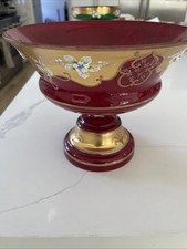Czech Vintage Bohemian Glass Candy/Fruit Bowl 24KGold Hand Painted Maroon picture