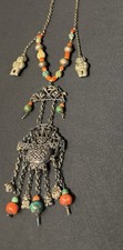 ANTIQ CHINESE SILVER TURQUOISE & CARNELIAN LONG NECKLACE W BUDDAH PENDT - UNIQUE picture