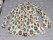 1940s 50s Vtg Wayne Maid Blouse Novelty Print Clocks Buttons : Large? picture