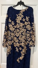 Xscape Navy Blue and Gold Lace Long Sleeve Cocktail Dress Size 6 picture