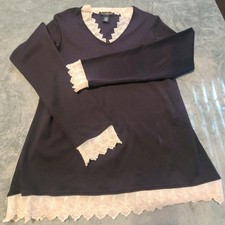 Dialogue Womens Navy Blue Lace Trim V-Neck Long Sleeve Top Size S picture