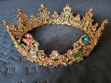 NWB MAKONE Queen Baroque Crown Renaissance Faire Bridal Wedding Colorful Stones picture