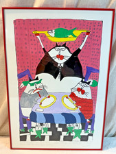 Vintage MARTHA WAHLERT Hand Painted Over Silk Screen CAT ART Framed CAPTIONED picture