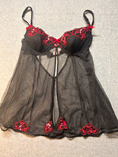 Victoria's Secret 36B Black/Red Sheer Mesh Embroidered Underwire Babydoll Bra picture