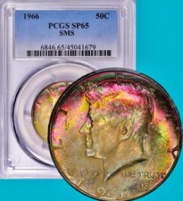1966 Kennedy 40% Silver Half Dollar PCGS SP65 SMS Gorgeous Color Rainbow Toned picture