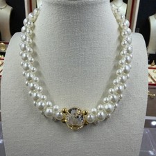 Vintage Hong Kong Faux Pearl Statement Necklace Clear Rhinestone 17