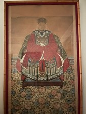 Antique 19th c Chinese Qing Ancestor Portrait Painting on Paper, 33 x 56