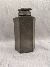 Antique Engraved Pewter Tea Caddy Britannia Metal Canister Monogram P.R.M. picture