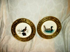 Vintage English Embossed Peerage Brass Porcelain Game Bird Plaques Mid Century picture