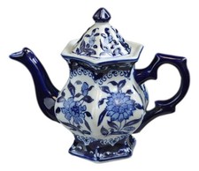 Teapot Blue and White Porcelain 16 Ounce China, Coffee Pot， Hexagonal picture
