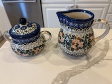 Unikat Handmade Polish Pottery Sugar Bowl and Creamer Set Boleslawiec Ceramika picture