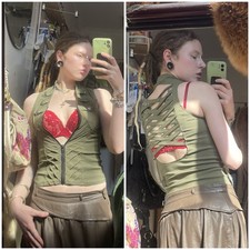 VINTAGE 2000s ICE Khaki Military Steampunk Backless Vest Doof Festival Y2K 6-10 picture