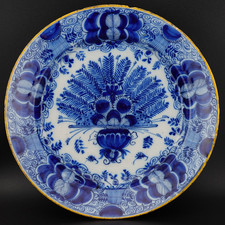 c1780, ANTIQUE 18thC DUTCH DELFT DE CLAEUW POTTERY BLUE AND WHITE PEACOCK PLATE picture