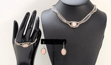 Vintage Sterling Silver Rose Quartz Oval Pink Jewelry 925. 3.pc set. 57.5g picture