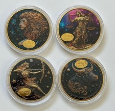 4 Gold Plated & Colored Zodiac Coins - Leo (Lion), Libra, Sagittarius, Taurus picture