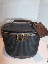 Vintage Pierre Cardin Travel Striped Canvas Faux-Leather Vanity/Makeup Case picture
