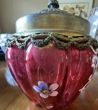 VICTORIAN CRANBERRY GLASS (Silver Intricate Lid) ANTIQUE Biscuit/pickle Jar. picture