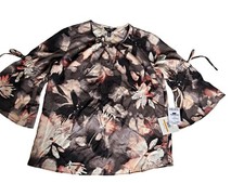 Ellen Tracy Women’s Floral V-Neck Long Sleeve Tie Accent Blouse Size S picture