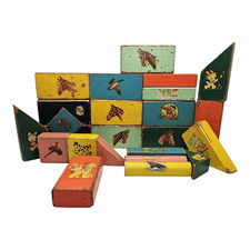 25 Wood Picture Blocks Building Toy Vintage Animal Cowboy 1940s Merriplay picture