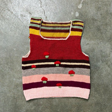 Vintage Homemade Folk Art Mushroom Embroidered Striped Sweater Vest Womens Small picture