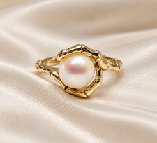 Vintage 14K Gold Bamboo Pearl Ring Grey Saltwater Solitaire Branch Size 6.5 picture