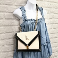 Lou Lu Signature Canvas Crossbody Bag Gold Chain Strap Cream Black Vegan Leather picture