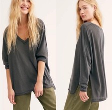 NEW Free People Women's On My Mind V-Neck Long Sleeve Shirt Dark Gray Size XS picture