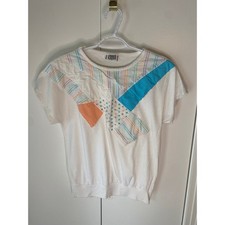 Vintage 80's Cricket Lane Short Sleeve White Patchwork Top Small picture
