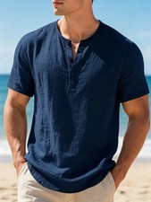 Men's Cotton Linen Henley T-Shirt Short Sleeve Casual Summer Beach Tee picture