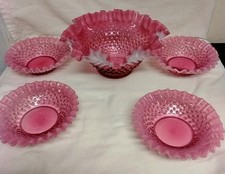  HTF FENTON CRANBERRY HOBNAIL OPALESCENT ART GLASS BERRY  DESSERT FRUIT BOWL SET picture