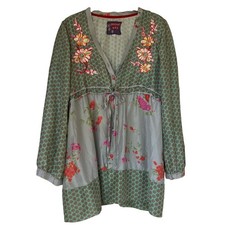 Johnny Was Silk Floral Embroidered Tunic Blouse V-Neck button down Peasant Blue  picture